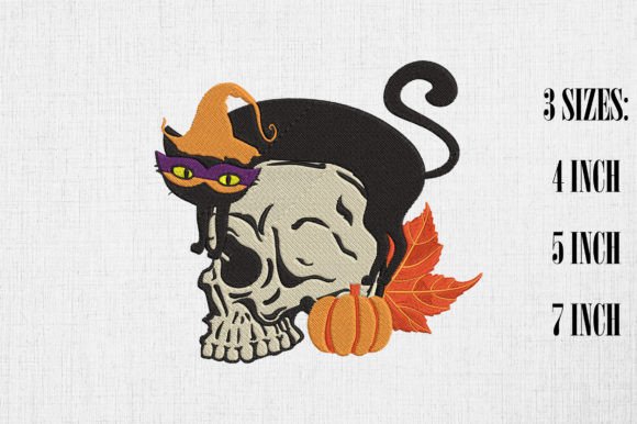 Black Cat and Human Skeleton Skull